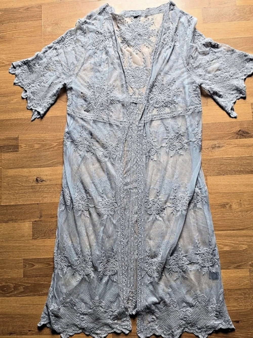POL Clothing Boho Embroidered Mesh Long Kimono Duster Jacket Dusty Blue M/L